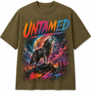 Untamed Wolf Printed Front <b>Men's</b> Black T-Shirt Long Sleeve O-Neck Loose Fit Casual 100% Cotton Jersey Breathable <b>Animal</b> Print - Product Image 1
