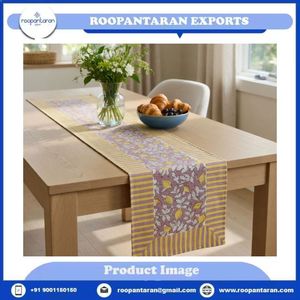 Latest Stylished Modern Printed Cotton Table <b>Runner</b> with Lemon Floral Pattern and Striped Border for Home Dining Decor - Product Image 2