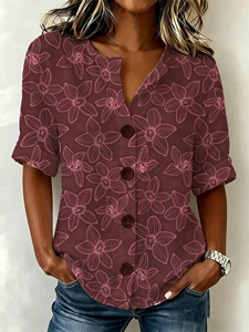 Camiseta Informal de Rayón para Mujer, Cuello en V, Estampado Occidental, Diseño Floral Hawaiano, Abotonada, de Alta Calidad, Más Vendida - Product Image 4