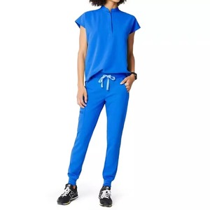 Women's Blue <b>Scrub</b> Set Short Sleeve Top With Drawstring Pants Hospital Uniform Cotton Polyester Knitted Fabric - Product Image 1