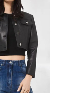 Chaqueta de Motociclista de Cuero Genuino para Mujer, Corta, Negra, Manga Larga, Cuello Camisero, Color Sólido, Estilo Otoñal - Product Image 3
