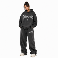 Ensemble survêtement 2 pièces pour femme, imprimé délavé à l'acide, coupe oversize, avec sweat à capuche et pantalon de survêtement à ourlet brut, style streetwear, 100% coton