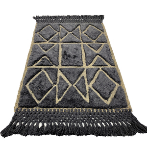 Modern Geometric Dark <b>Grey</b> Tufted Wool Prayer <b>Rug</b> with Macram Fringe for Daily Worship - Product Image 1