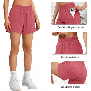 Shorts de sport pour femmes en polyester rouge rose avec cordon de serrage, poches latérales pour téléphone, respirants, pour la course à pied et le fitness - Product Image 3