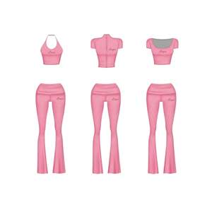 2026 Women 2 Piece Pink Outfit Set Casual <b>High</b> Waist Flare Pants with Halter Crew Neck Zip up Crop Top Lounge Wear - Product Image 3