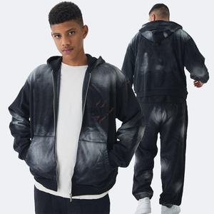 300gsm <b>Zip</b> up Hoodie Custom Logo Cotton Fleece Tracksuit Men Hoodie Jogger Set Oversized Pullover Sweatpants Washed 2 Piece Set - Product Image 1