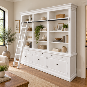White Traditional Mahogany Wood Victorian Bookcase with 3 <b>Shelves</b> and Ladder Storage Cabinet for Living Room Furniture - Product Image 1