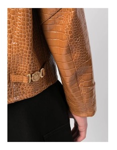Blouson moto en cuir marron gaufré crocodile pour homme, col rabattu, fermeture éclair, manches classiques, style motard automne, couleur unie - Product Image 6