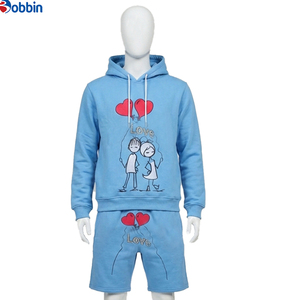 Conjunto de Sudadera con Capucha y Pantalones Cortos, 2 Piezas, Estilo Casual, Diseño de Corazón, Chándal Azul, Unisex, Tallas Grandes, Estampado de Dibujos Animados, Ecológico - Product Image 1