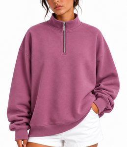 Sudadera de forro polar para mujer, oversize, con media cremallera, manga larga, color liso, hombros caídos, dobladillo asimétrico y cuello con capucha, para invierno - Product Image 1