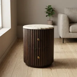 Modern Round <b>side</b> <b>Table</b> With Marble Top And Wood Frame <b>Storage</b> Drawer Living Room Furniture - Product Image 3