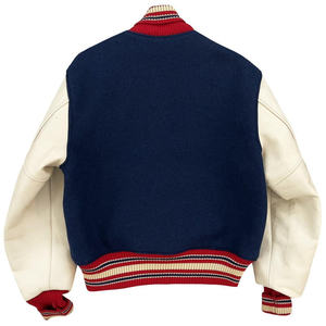 Blouson universitaire personnalisé pour homme en laine et cuir de vachette, avec broderies chenille et écussons, style Letterman, col montant, modèle baseball, vendu à l'unité - Product Image 4