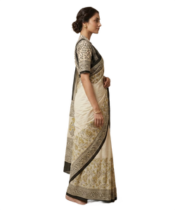 Sari con Estampado Floral Crema, Blusa de Manga Corta, Tela para Envolver, Atuendo Tradicional Indio para Festivales - Product Image 3