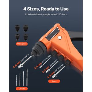 Kit Pistola Rivettatrice Multifunzione Manuale Professionale con 200 Rivetti a Strappo, 4 Punte Intercambiabili e Inserti per Trapano - Product Image 2