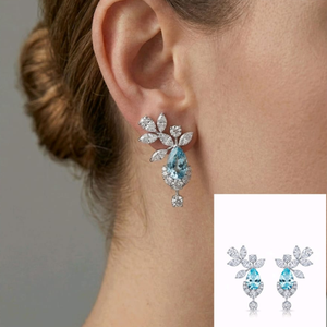 Pendientes de Oro Blanco con Aguamarina y Diamantes Florales Cultivados en Laboratorio, Certificados por IGI, con Gema en Forma de Pera y Diseño de Hoja, Joyería Fina de Lujo para Mujer, Regalo - Product Image 1