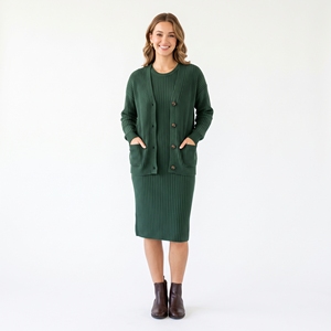 Conjunto de Cárdigan y Vestido de Punto Acanalado para Mujer, Elegante, de Dos Piezas, OEM, ODM, Venta al Por Mayor, Logotipo Personalizado de Fábrica, MOQ Bajo - Product Image 1