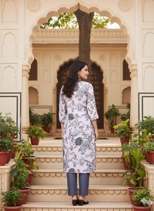 Ensemble Kurta et pantalon en coton imprimé numérique blanc et gris, col en V, coupe droite longueur mollet, tenue ethnique pour femme, tailles S à XXL - Product Image 6