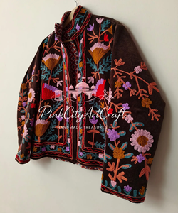 Handcrafted Velvet Embroidered <b>Quilted</b> Jacket Traditional Rajasthani Boho Floral Winter Women's Breathable Eco-Friendly Long - Product Image 6