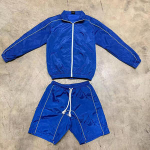 <b>Men's</b> Blue Polyester Knitted Tracksuit Set Sporty Zip-Up <b>Jacket</b> Shorts <b>Summer</b> Breathable Satin Fabric Turn-Down Collar Custom - Product Image 1