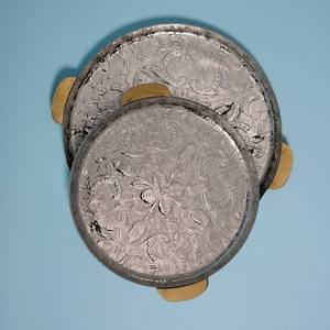 Round Embossed Metal Serving Tray Set with Wooden Handles Vintage Floral Patterned Silver Platters for Home Decor and Catering - Product Image 6