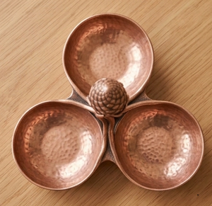 Vintage Handmade Copper Nut Server 4 Bowl Metal Serving <b>Stand</b> with Pinecone Design - Product Image 3