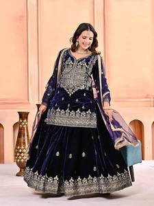 Women's Navy Blue Velvet Salwar Kameez With <b>Silver</b> Embroidery Traditional Indian Wedding Wear Ankle-Length Regular Fit - Product Image 3