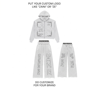 Conjunto Deportivo Blanco de Algodón Grueso de 420 GSM, Transpirable, con Logotipo Bordado Personalizado, Sudadera con Capucha y Pantalones Anchos - Product Image 1