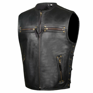ODM <b>Men's</b> <b>Black</b> Genuine Leather Motorcycle Vest Zipper Front Multi Pocket Biker <b>Waistcoat</b> Sleeveless Casual Custom OEM Supplier - Product Image 1