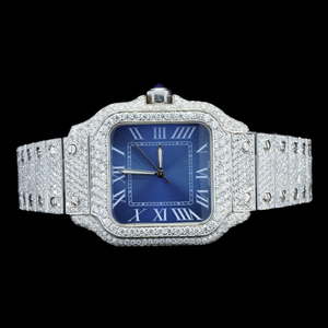 Montre de luxe en argent sterling 925, style hip-hop, entièrement sertie de moissanite, cadran carré bleu, entièrement incrustée de diamants - Product Image 1