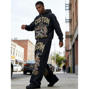 Rhinestones Distressed OEM Custom Print Vintage Digital Printing Black Boxy 400 GSM Heavyweight Men's Hoodie Two-piece Set - Product Image 3