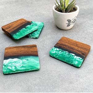 Handmade Eco-Friendly Acacia Wood & Epoxy Resin <b>Coaster</b> Set Square Drink Mats Green Modern Home Decor Hand Wash - Product Image 3
