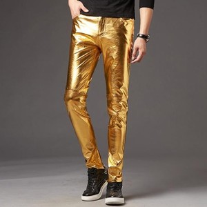 Pantalones de hombre de piel sintética brillante metálica bordada, corte ajustado, tiro medio, cierre de cremallera, transpirables, cortavientos e impermeables, estilo vaquero - Product Image 3