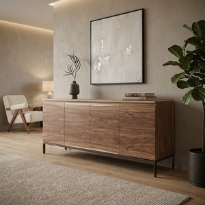 Buffet en bois massif de noyer naturel avec plateau à bord brut, armoire à 4 portes, base en métal noir, meuble TV pour salon - Product Image 2