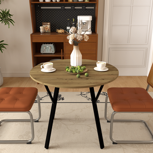 Modern 35.43 Inch <b>Round</b> Dining <b>Table</b> <b>Small</b> Kitchen <b>Table</b> with Metal Black Legs for 2-4 People Brown Finish for the Dining Room - Product Image 2