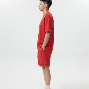 Ensemble de survêtement décontracté pour homme, deux pièces, respirant, couleur unie, T-shirt rouge à manches courtes et short, coupe ample, idéal pour l'été (OEM) - Product Image 6