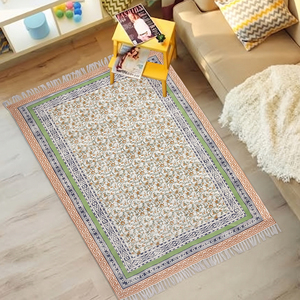 Tapis en coton faits à la main à motifs floraux, tissage plat traditionnel imprimé au bloc, pour la décoration intérieure de bars, salons et chambres - Product Image 2