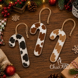 Ornement de Noël en cuir de vachette véritable, design canne à sucre, prix usine personnalisé, pour décoration rustique d'arbre de Noël - Product Image 1