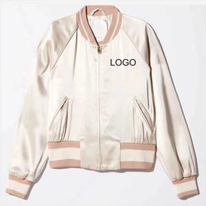 Women's Satin Varsity Jacket Full Sleeve Solid Color Stand Collar Zipper Closure Logo Front Spring Wear - Product Image 6