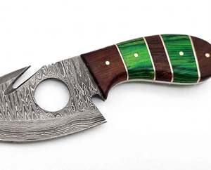 Herramienta Utilitaria de Acero de Damasco Hecha a Mano con Mango Verde y de Madera para Exhibición - Product Image 3