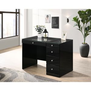 Juego de tocador de maquillaje de 2 piezas con iluminación LED negra, tapa de cristal y 5 cajones con tiradores de cristal, muebles de dormitorio de madera - Product Image 3