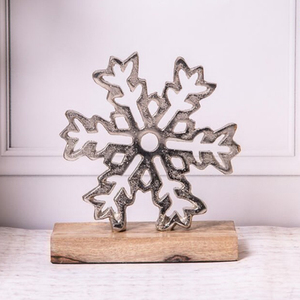 Portavelas de Navidad con Diseño de Copo de Nieve Plateado, Portavelas de Aluminio con Base de Madera de Mango, Decoración Navideña para el Hogar - Product Image 4