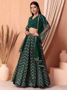 <b>Emerald</b> Green Sequined Chiffon Lehenga Choli V-Neck Sheer Dupatta A-Line Maxi <b>Dress</b> Floral Print Built-in Bra for Evening Wear - Product Image 2