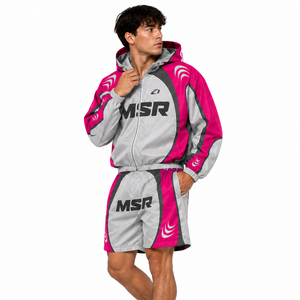 Ensemble court tendance personnalisé rose et gris en nylon pour homme, coupe-vent color block, tenue streetwear et sportswear, sweats à capuche, OEM ODM Marque Privée - Product Image 4