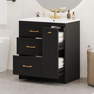 Meuble-lavabo classique sur pied de 30 po pour salle de bain avec trois tiroirs et une longue poignée dorée à double couche, meubles-lavabos de salle de bain de 30 po - Product Image 1