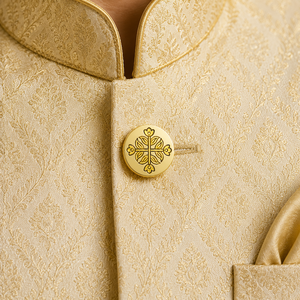 Botones de latón de lujo personalizados, con acabado dorado de alto brillo, diseño floral cruzado simétrico grabado, botón metálico para blazer y sherwani de hombre. - Product Image 3