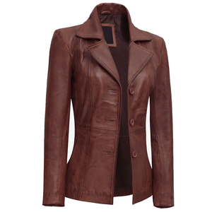 <b>Women's</b> <b>Brown</b> Genuine Leather Blazer <b>Jacket</b> Turn Down Collar Single Breasted Long Sleeve Coat - Product Image 3