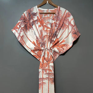 Nuevo y Elegante Kaftán con Estampado Animal, Cuello en V, Manga Corta, Cierre con Cordón, Corte Ajustado y Acampanado, de Algodón Suave Indio, con Encaje, Largo Completo, para Verano - Product Image 5