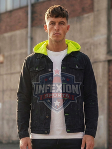 Men's Black Denim Jacket With Neon Yellow Hood Casual Washed Style Button Front Regular Fit Autumn Wear - Product Image 3