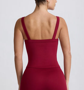 Camiseta sin costuras de manga larga para mujer, color borgoña, para entrenamiento, con tirantes anchos fijos, elástica en 4 direcciones, para yoga y fitness. - Product Image 2