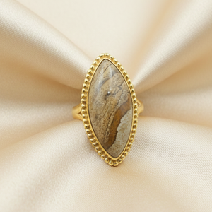 Anillo de Plata de Ley 925 con Incrustaciones de Jaspe, Hecho a Mano, Forma Marquesa, Marco con Cuentas, Joyería Boho, Chapado en Oro Rosa y Oro Amarillo - Product Image 4